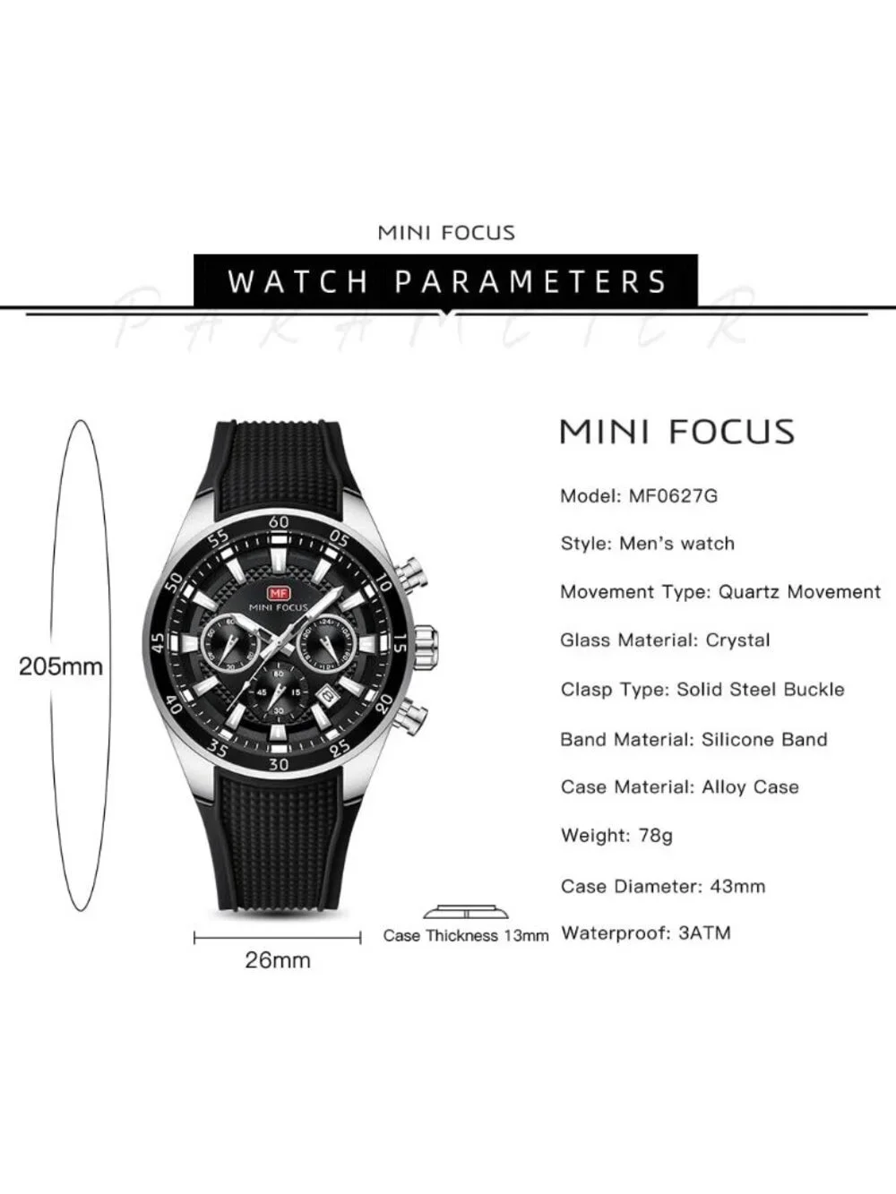 Men Black Silver Silicon Band Chronograph Waterproof Luminous Unique Wrist Watch